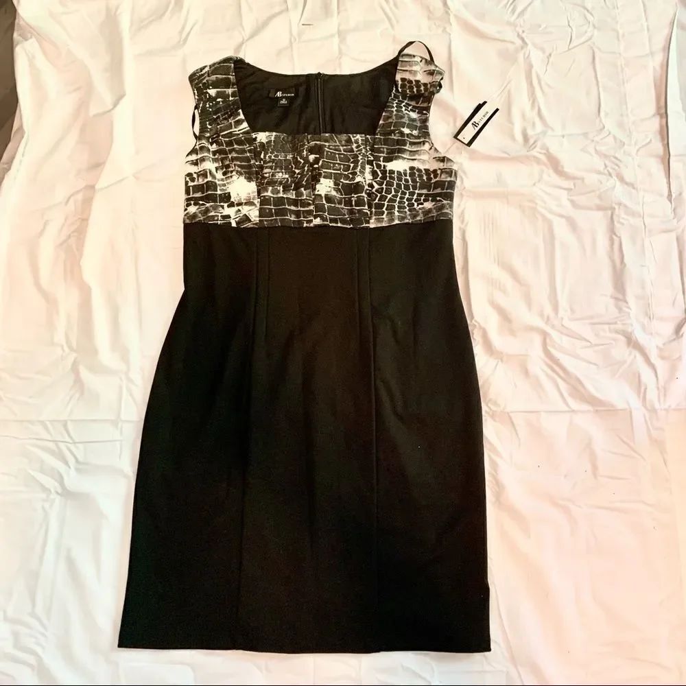NWT New AB STUDIO Black White Snakeskin Animal Print Cocktail Dress 12